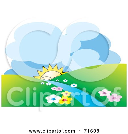 Royalty-Free (RF) Clipart Illustration of a Happy Sun Emerging Behind Hills And A Stream by Lal Perera