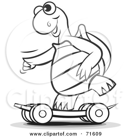 Royalty-Free (RF) Clipart Illustration of a Black And White Outline Of A Sporty Tortoise Skateboarding by Lal Perera