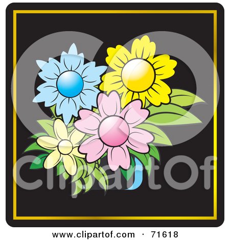 Royalty-Free (RF) Clipart Illustration of a Short Vase With Colorful Flowers On Black, With Gold Trim by Lal Perera