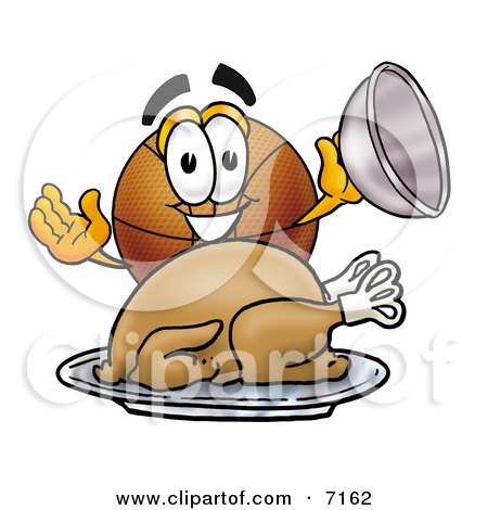 Clipart Picture of a Basketball Mascot Cartoon Character Serving a Thanksgiving Turkey on a Platter by Mascot Junction