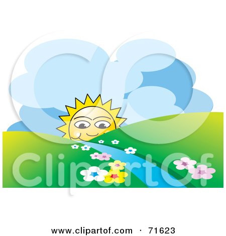 Royalty-Free (RF) Clipart Illustration of a Happy Sun Peeking Behind Hills And A Stream by Lal Perera