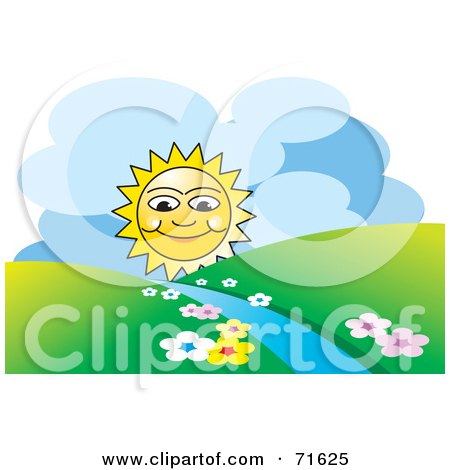 Royalty-Free (RF) Clipart Illustration of a Happy Sun Rising Over Hills And A Stream by Lal Perera