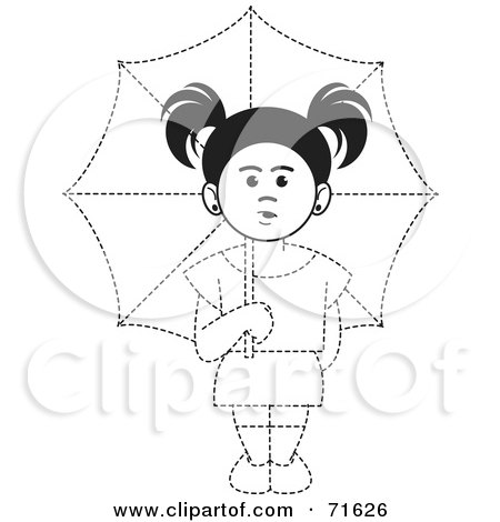 Royalty-Free (RF) Clipart Illustration of a Black And White Dotted Lined Girl Holding An Umbrella by Lal Perera