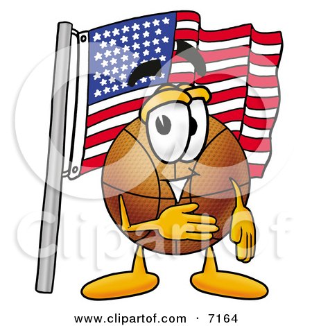 Clipart Picture of a Basketball Mascot Cartoon Character Pledging Allegiance to an American Flag by Mascot Junction