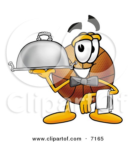 Clipart Picture of a Basketball Mascot Cartoon Character Dressed as a Waiter and Holding a Serving Platter by Mascot Junction
