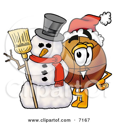Clipart Picture of a Basketball Mascot Cartoon Character With a Snowman on Christmas by Mascot Junction