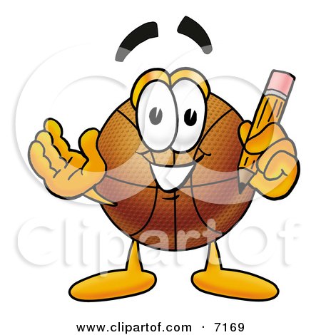 Clipart Picture of a Basketball Mascot Cartoon Character Holding a Pencil by Mascot Junction