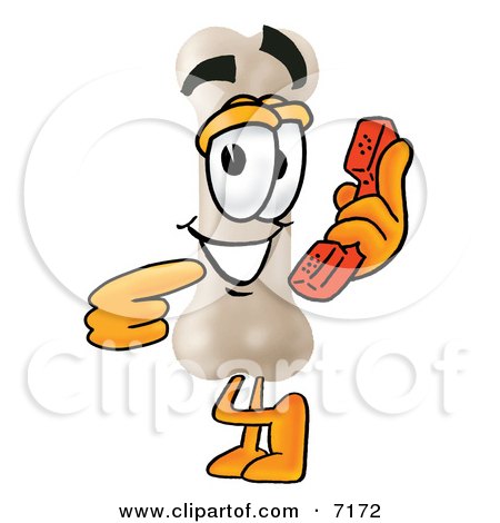Clipart Picture of a Bone Mascot Cartoon Character Holding a Telephone by Mascot Junction
