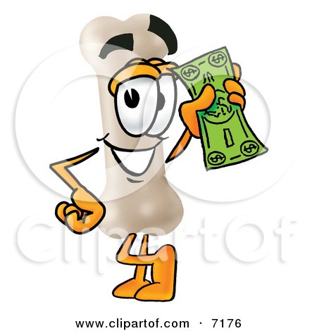 Clipart Picture of a Bone Mascot Cartoon Character Holding a Dollar Bill by Mascot Junction