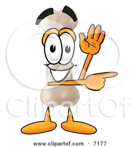 Clipart Picture of a Bone Mascot Cartoon Character Waving and Pointing by Mascot Junction