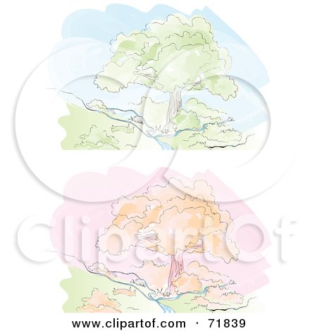 Royalty-Free (RF) Clipart Illustration of a Digital Collage Of Autumn And Spring Trees Along A Stream by inkgraphics