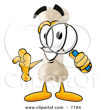Clipart Picture of a Bone Mascot Cartoon Character Looking Through a Magnifying Glass by Mascot Junction