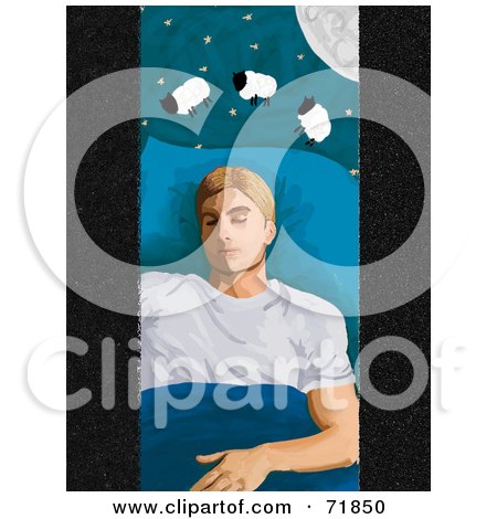 Royalty-Free (RF) Clipart Illustration of a Man Sound Asleep With Three Sheep Above His Head by inkgraphics
