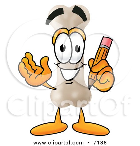 Clipart Picture of a Bone Mascot Cartoon Character Holding a Pencil by Mascot Junction