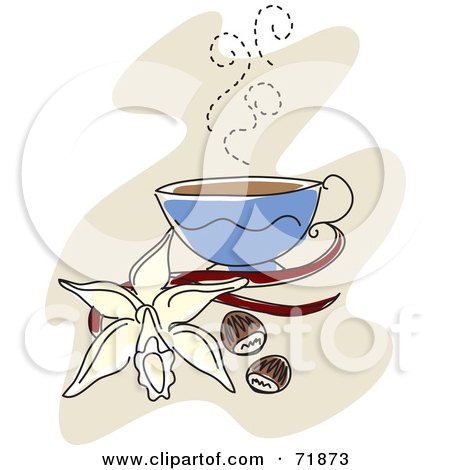Royalty-Free (RF) Clipart Illustration of a Steamy Cup Of Coffee With Vanilla, A Flower And Nuts by inkgraphics