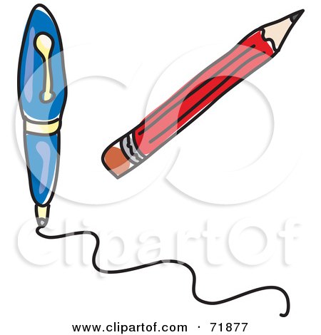 Royalty-Free (RF) Clipart Illustration of a Red Pencil And Writing Blue Pen by inkgraphics