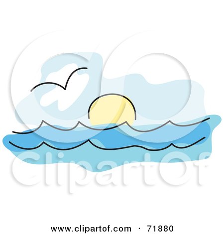 Royalty-Free (RF) Clipart Illustration of a Seascape With A Gull Over The Water And The Sun On The Horizon by inkgraphics