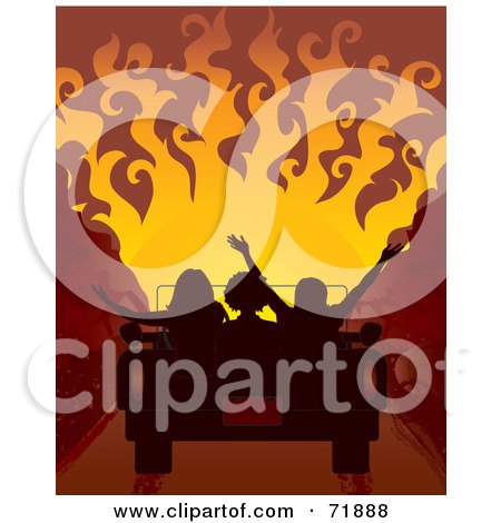Royalty-Free (RF) Clipart Illustration of Silhouetted People In A Convertible Car, Driving Towards A Fiery Red Sunset by inkgraphics