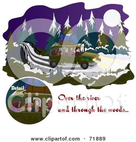 Royalty-Free (RF) Clipart Illustration of a Family Driving Over A River And Through The Woods On A Wintry Night by inkgraphics