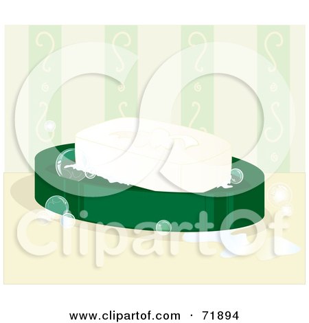 Royalty-Free (RF) Clipart Illustration of a White Bar Of Soap On A Green Dish, With Bubbles by inkgraphics