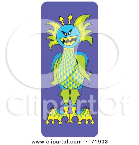 Royalty-Free (RF) Clipart Illustration of an Evil Green And Blue Monster On Purple by inkgraphics