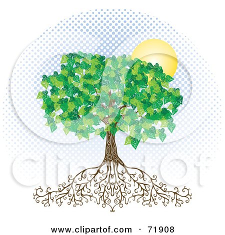 Royalty-Free (RF) Clipart Illustration of a Deeply Rooted Mature Tree With Blue Halftone Dots And A Sun by inkgraphics