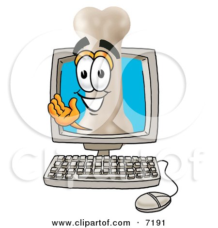 Clipart Picture of a Bone Mascot Cartoon Character Waving From Inside a Computer Screen by Mascot Junction