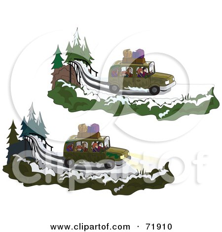Royalty-Free (RF) Clipart Illustration of a Digital Collage Of A Family Vehicle Driving On A Winter Road, Shown With The Lights On And Off by inkgraphics