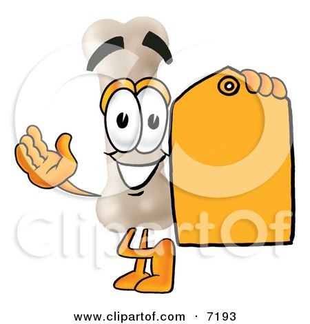 Clipart Picture of a Bone Mascot Cartoon Character Holding a Yellow Sales Price Tag by Mascot Junction