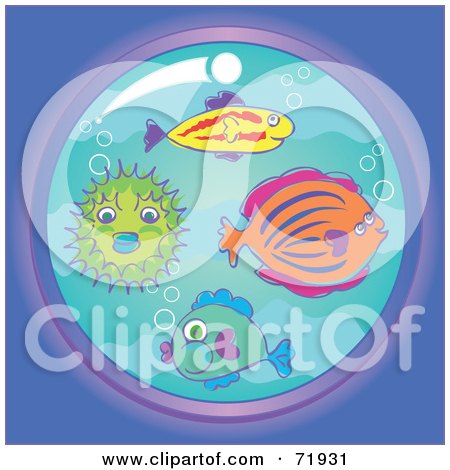Royalty-Free (RF) Clipart Illustration of Colorful Fish With Bubbles Through A Round Window by inkgraphics