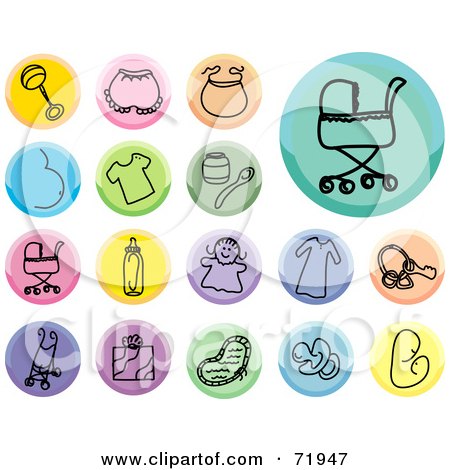 Royalty-Free (RF) Clipart Illustration of a Digital Collage Of Colorful Round Baby Item Icons by inkgraphics