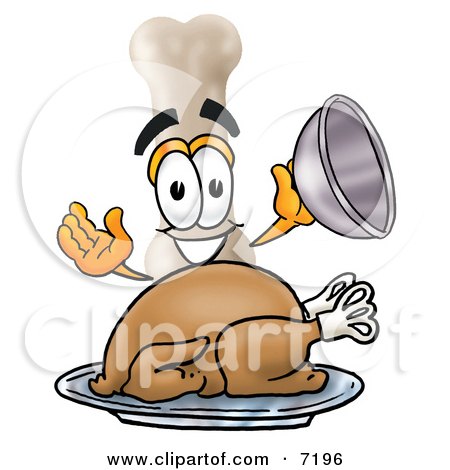 Clipart Picture of a Bone Mascot Cartoon Character Serving a Thanksgiving Turkey on a Platter by Mascot Junction