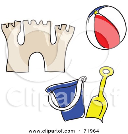 Royalty-Free (RF) Clipart Illustration of a Digital Collage Of A Beach Ball, Sand Castle And Bucket With Shovel by inkgraphics