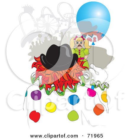 Royalty-Free (RF) Clipart Illustration of a Scared Girl Crying In Front Of A Clown With A Balloon by inkgraphics