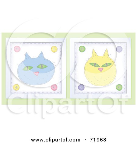 Royalty-Free (RF) Clipart Illustration of Blue And Yellow Happy Cat Faces by inkgraphics