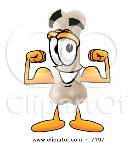 Clipart Picture of a Bone Mascot Cartoon Character Flexing His Arm Muscles by Mascot Junction