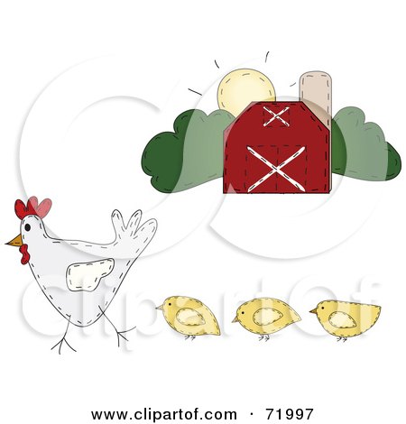 Royalty-Free (RF) Clipart Illustration of a Hen With Chickens Walking Near A Barn by inkgraphics