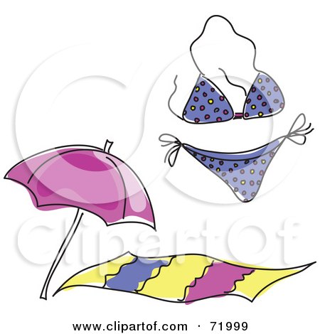 Royalty-Free (RF) Clipart Illustration of a Digital Collage Of A Purple Bikini, Beach Towel And Beach Umbrella by inkgraphics