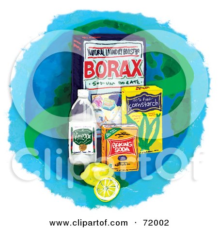 Royalty-Free (RF) Clipart Illustration of a Group Of Household Cleaners And Lemons Over A Globe by inkgraphics