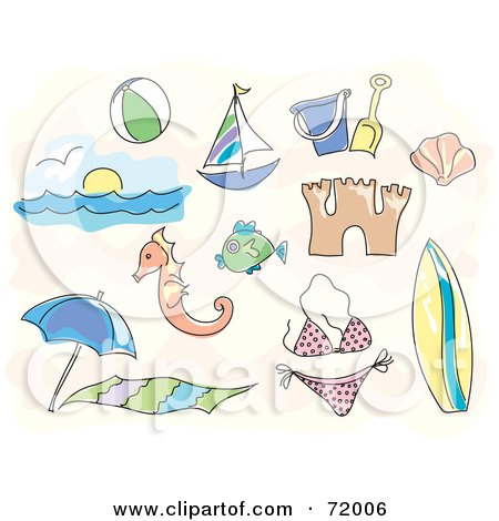 Royalty-Free (RF) Clipart Illustration of a Digital Collage Of Beach Icons; Ball, Sailboat, Beach Toys, Sand Castle, Ocean, Bikini, Fish, Surfboard, Etc by inkgraphics
