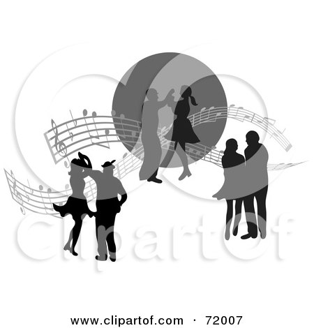 Royalty-Free (RF) Clipart Illustration of Three Dancing Silhouetted Couples With Sheet Music by inkgraphics