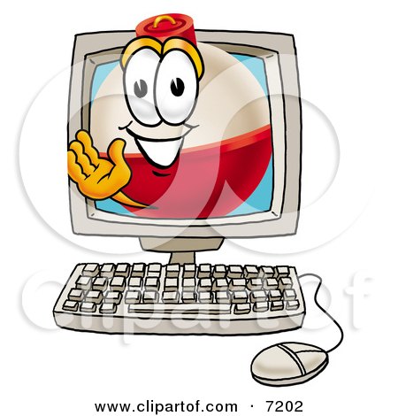 Clipart Picture of a Fishing Bobber Mascot Cartoon Character Waving From Inside a Computer Screen by Mascot Junction
