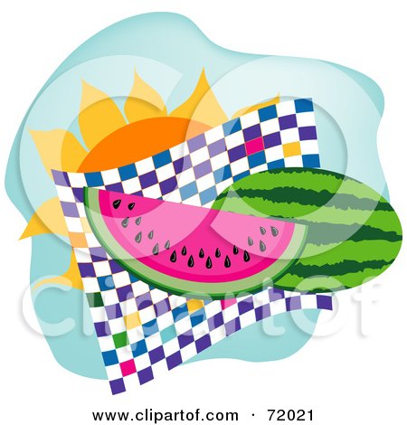 Royalty-Free (RF) Clipart Illustration of a Watermelon Sliced Over A Checkered Mat In Front Of The Sun by inkgraphics