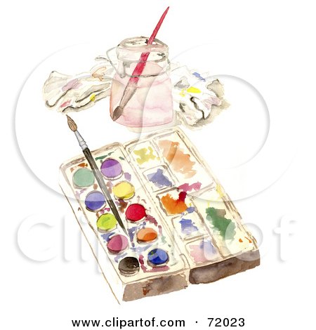 Royalty-Free (RF) Clipart Illustration of a Paintbrushes In A Water Jar And Resting On Paints by inkgraphics