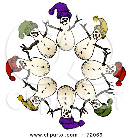 Royalty-Free (RF) Clipart Illustration of a Circle of Snowmen Wearing Hats by inkgraphics