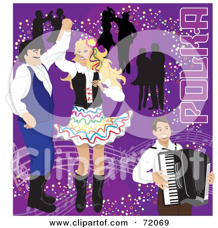 Royalty-Free (RF) Clipart Illustration of Couples Dancing To Polka Music And An Accordian Man On Purple by inkgraphics
