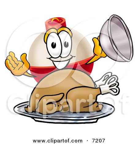 Clipart Picture of a Fishing Bobber Mascot Cartoon Character Serving a Thanksgiving Turkey on a Platter by Mascot Junction
