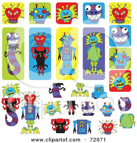 Royalty-Free (RF) Clipart Illustration of a Digital Collage Of Peeling Monster Stickers And Items by inkgraphics
