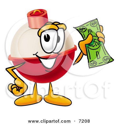 Clipart Picture of a Fishing Bobber Mascot Cartoon Character Holding a Dollar Bill by Mascot Junction
