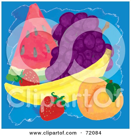 Royalty-Free (RF) Clipart Illustration of a Group Of Strawberries, Peach, Banana, Grapes And Watermelon On Blue by inkgraphics